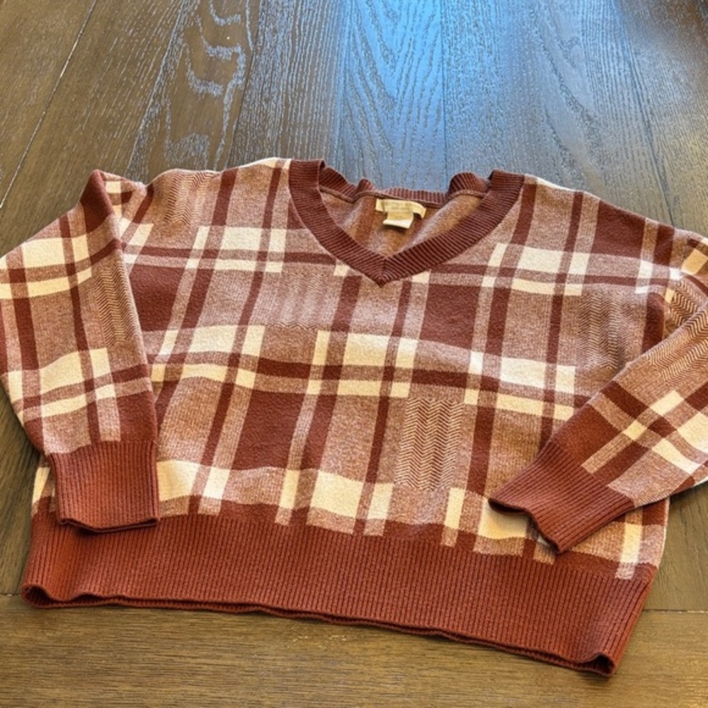 Christian Siriano V neck plaid Textured Knit Sweater in Warm Brown & cream M